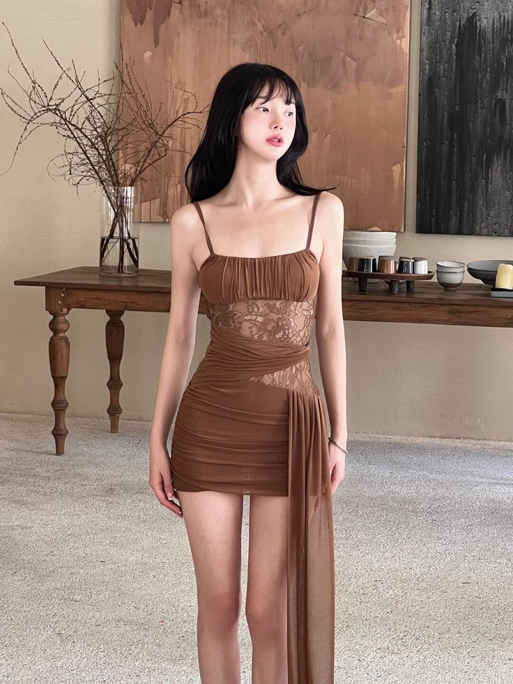 Unique Mermaid Spaghetti Straps Brown Chiffon Lace Short Homecoming Dress 17th Birthday Outfits
