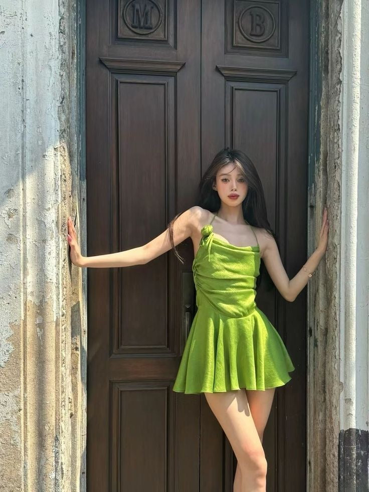 Cute A Line Halter Green Satin Short Homecoming Dress 16th Birthday Outfits