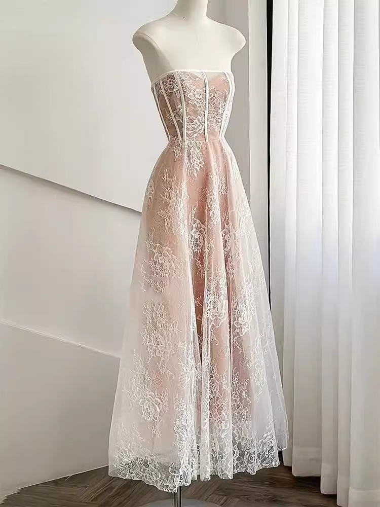Simple A Line Strapless Lace Birthday Outfits Champagne Homecoming Dresses