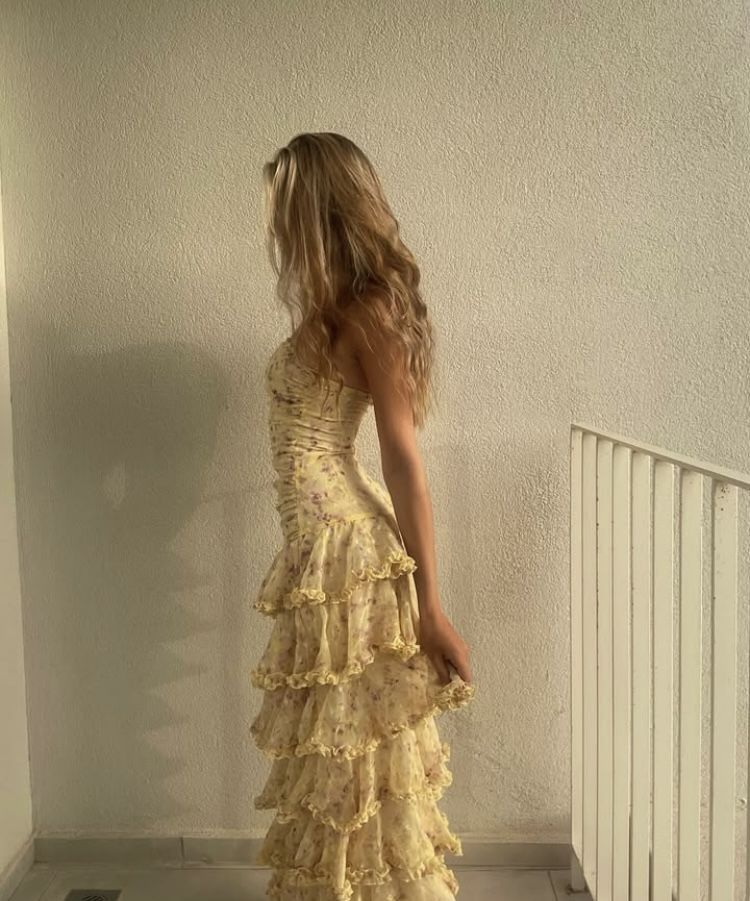 Stunning A Line Strapless Chiffon Printed Tiered Long Prom Dresses Formal Dress
