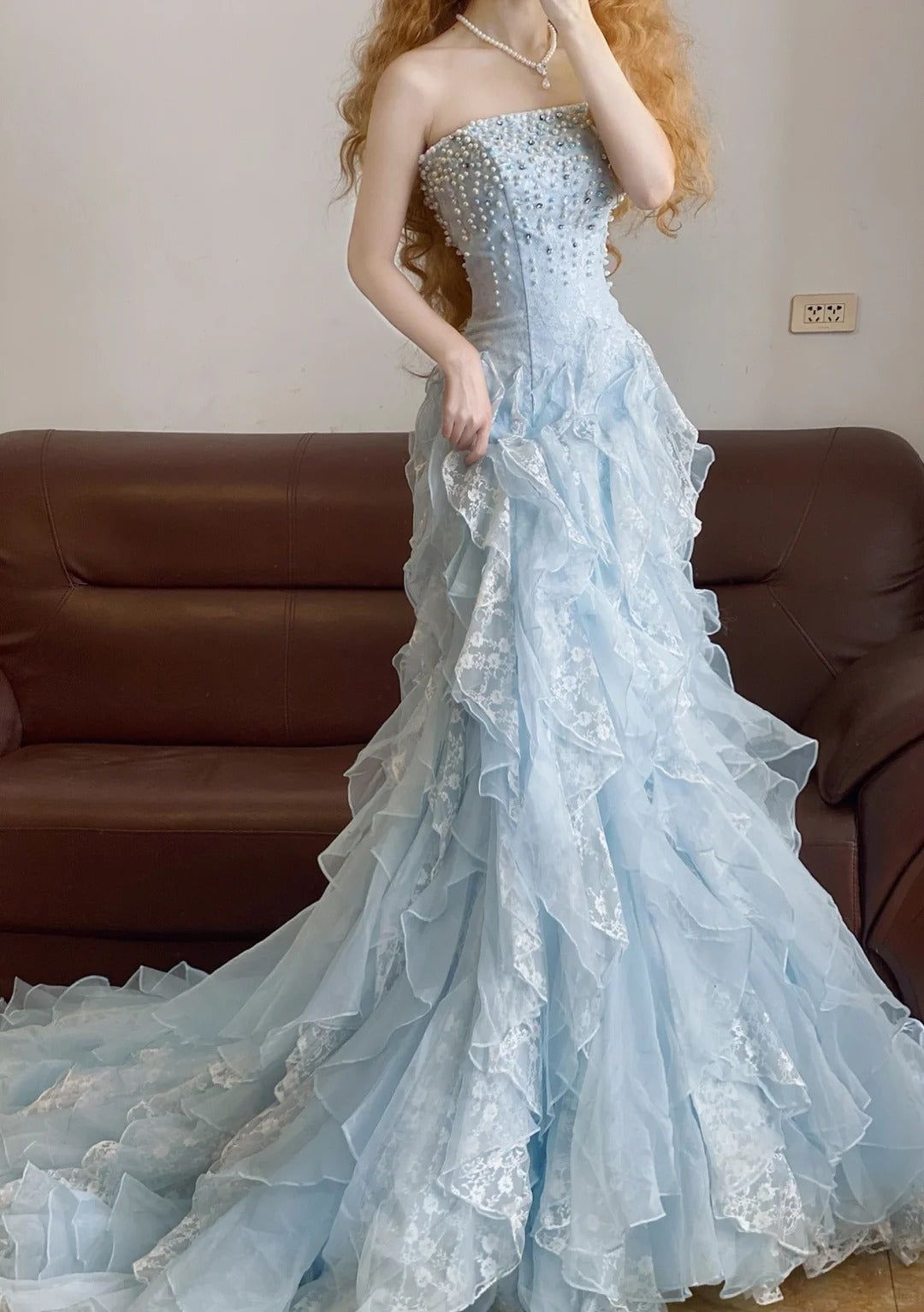 Gorgeous A line Strapless Pale Blue Chiffon Lace Beads Long Prom Dresses Formal Dress