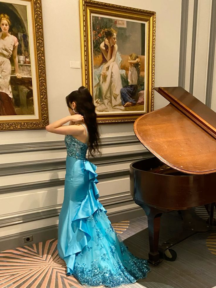 Unique Mermaid Sapghetti Straps Blue Satin Tulle Sequin Long Prom Dresses Formal Dress
