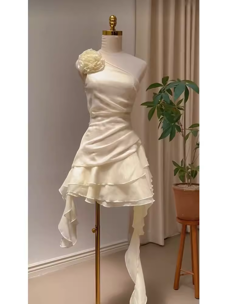 Cute A Line One Shoulder Short Birthday Dress Chiffon Homecoming Dresses