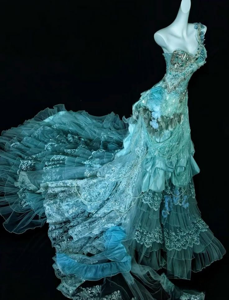 Gorgeous Mermaid One Shoulder Tulle Lace Beads Long Prom Dresses Formal Dress