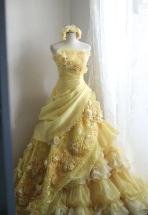 Yellow Ball Gown Strapless Satin Chiffon Flower Long Prom Dresses Formal Dress