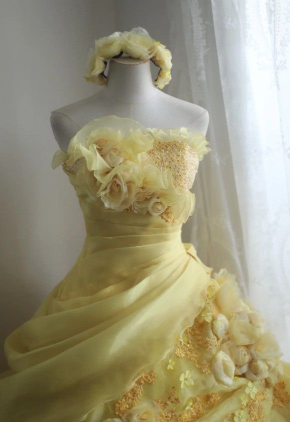Yellow Ball Gown Strapless Satin Chiffon Flower Long Prom Dresses Formal Dress