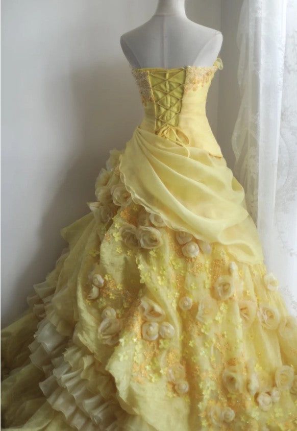 Yellow Ball Gown Strapless Satin Chiffon Flower Long Prom Dresses Formal Dress