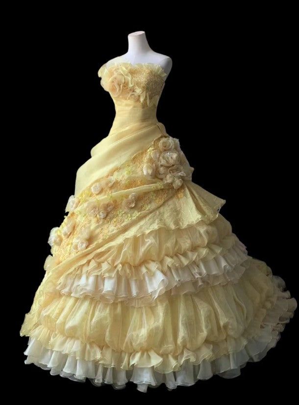 Yellow Ball Gown Strapless Satin Chiffon Flower Long Prom Dresses Formal Dress