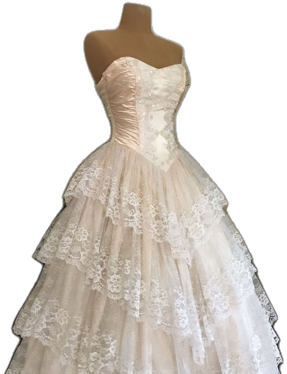 Classy Ball Gown Strapless Satin Lace Tiered Long Prom Dresses Formal Dress