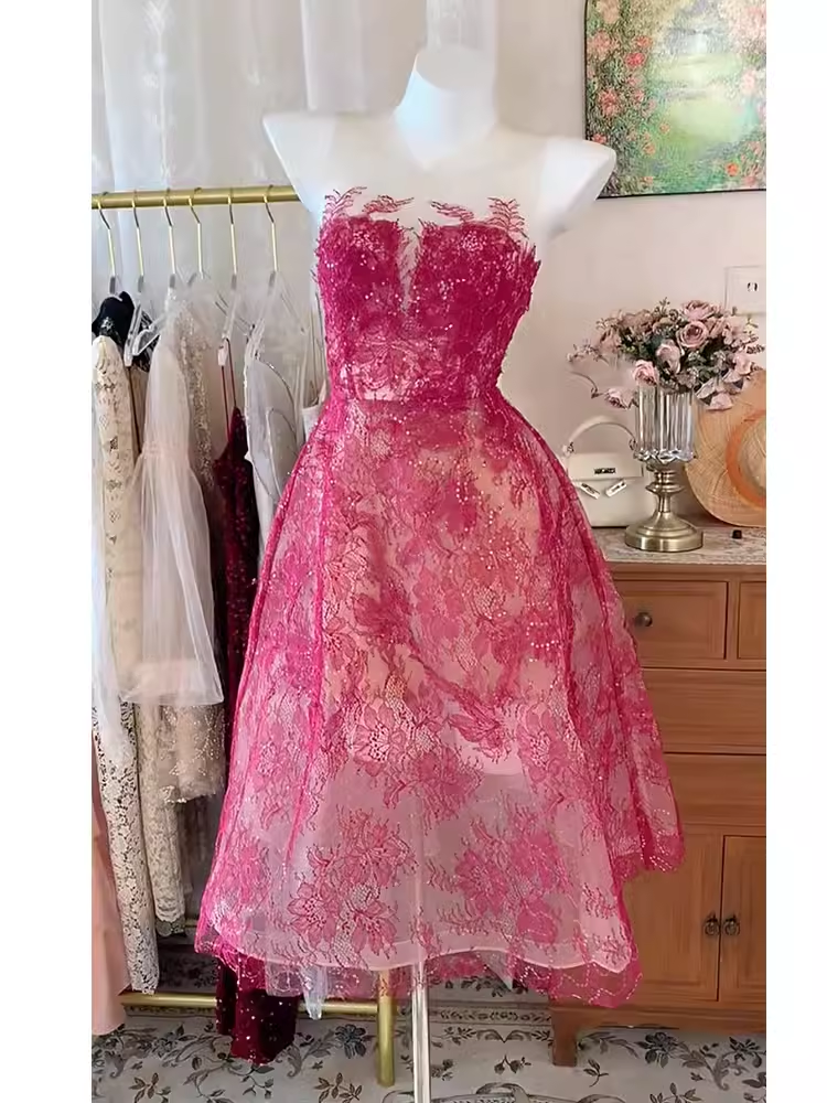Simple A line Scoop Pink Birthday Dress Lace Homecoming Dresses