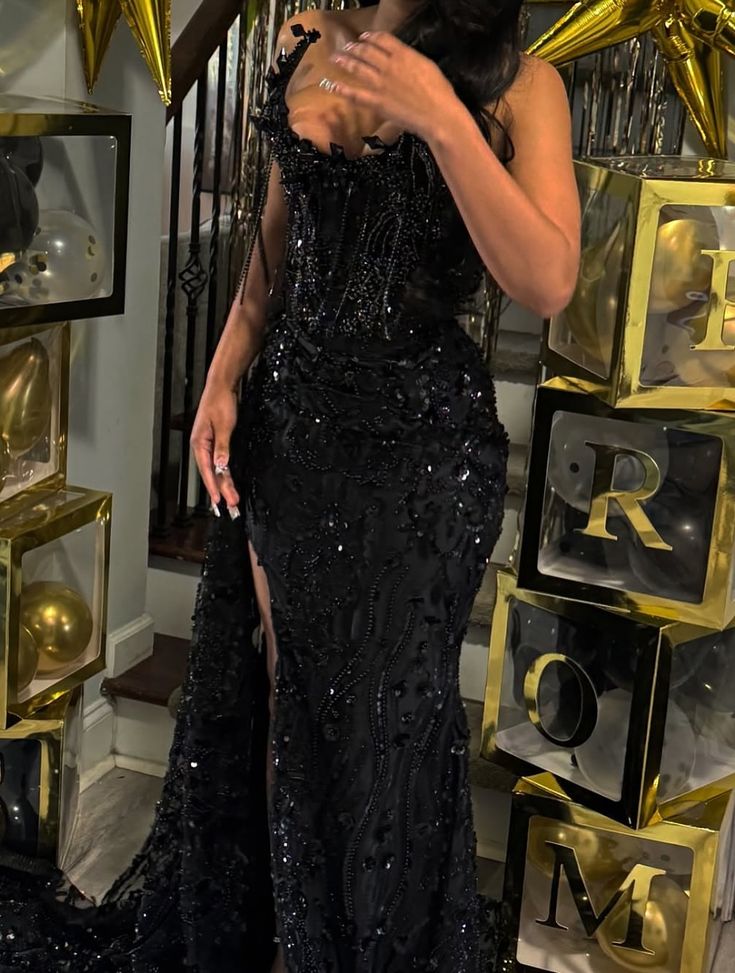 Gorgeous Mermaid Strapless Black Satin Sequin Beads Slit Long Prom Dresses Formal Dress