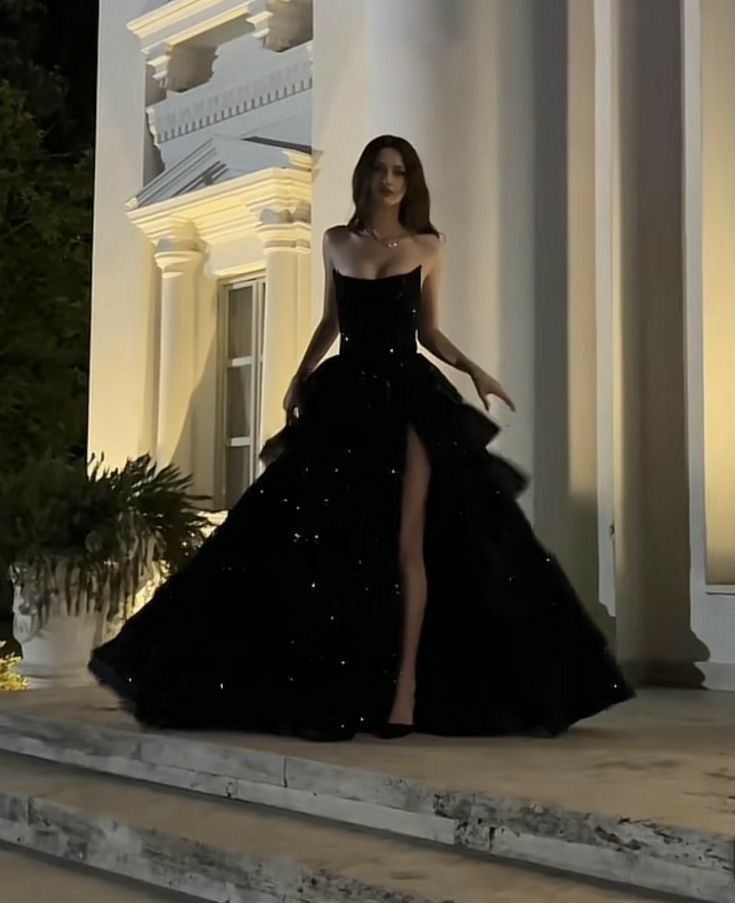 Vintage A Line Strapless Black Satin Sequin Slit Long Prom Dresses Formal Dress