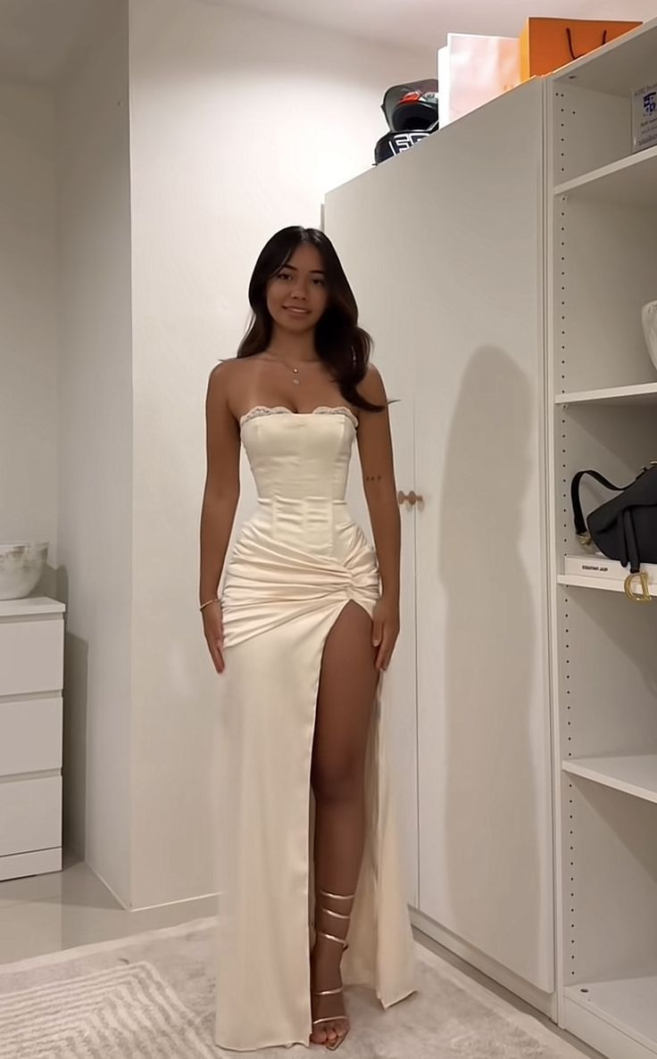 Classy Mermaid Strapless Satin Pleated Slit Long Prom Dresses Formal Dress