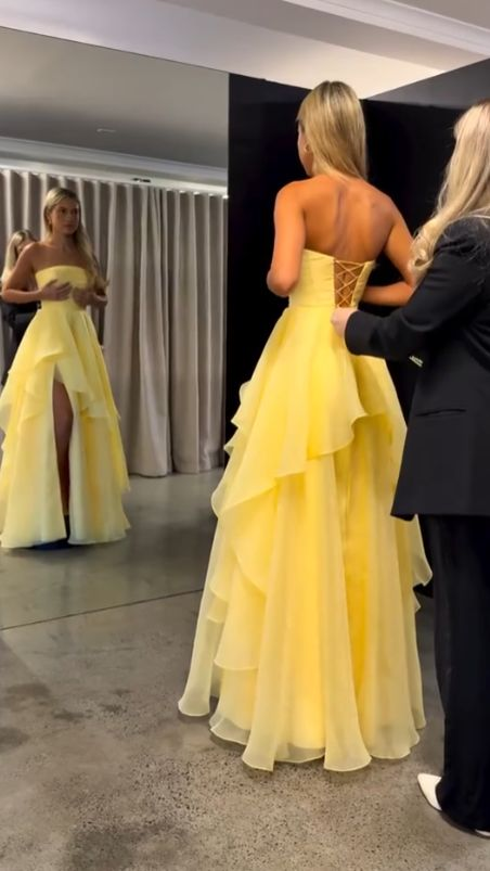 Classy Strapless Yellow Satin Tulle Slit Long Prom Dress Formal Birthday Party Dress