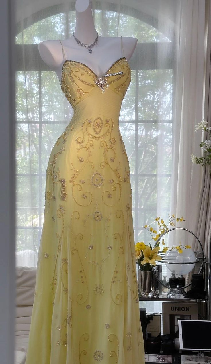 Gorgeous Mermaid Sapghetti Straps Yellow Satin Chiffon Beads Long Prom Dresses Formal Dress
