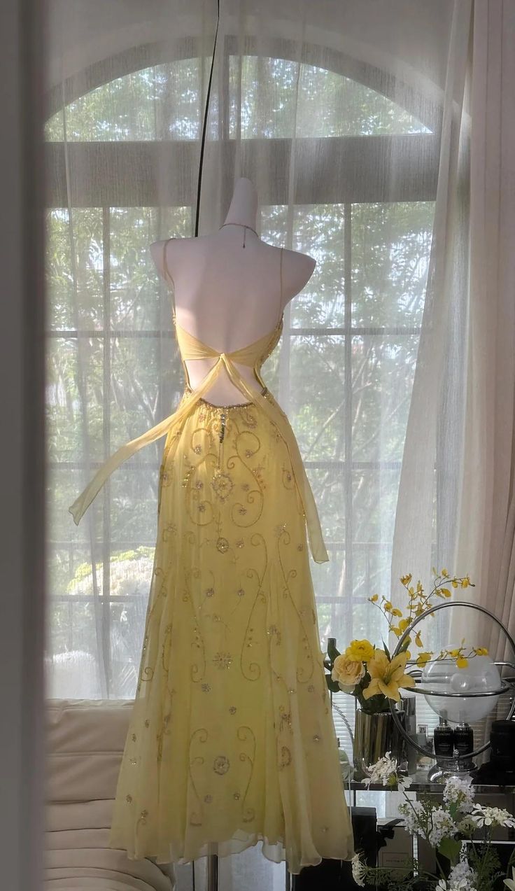 Gorgeous Mermaid Sapghetti Straps Yellow Satin Chiffon Beads Long Prom Dresses Formal Dress