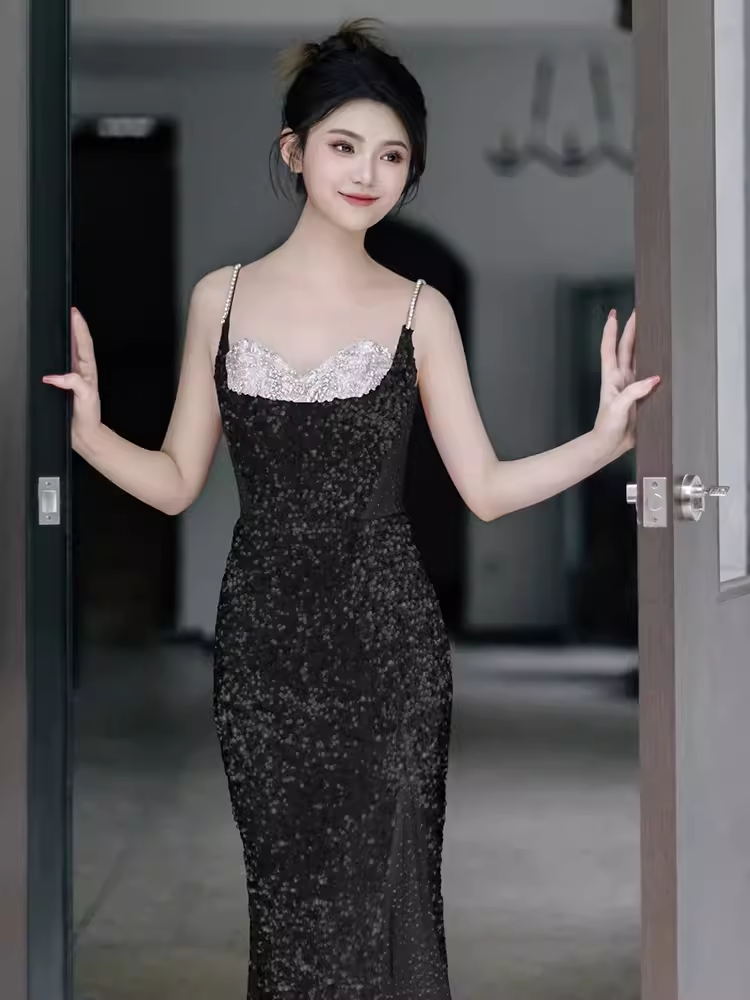 Sexy Mermaid Straps Sequin Black Prom Dresses C50