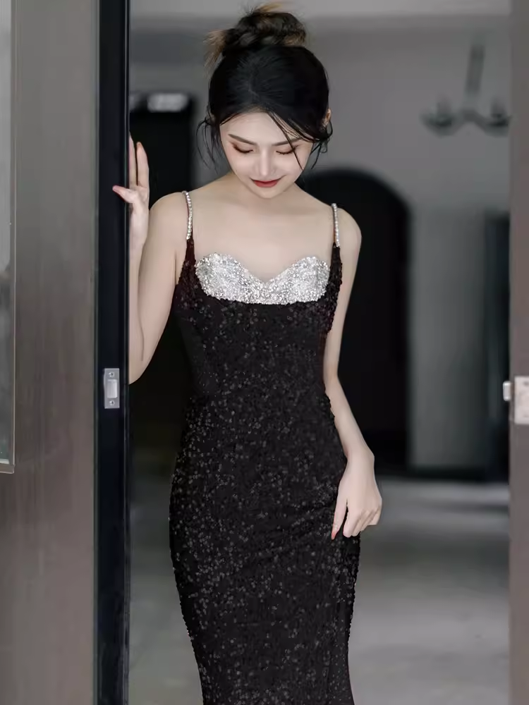 Sexy Mermaid Straps Sequin Black Prom Dresses C50