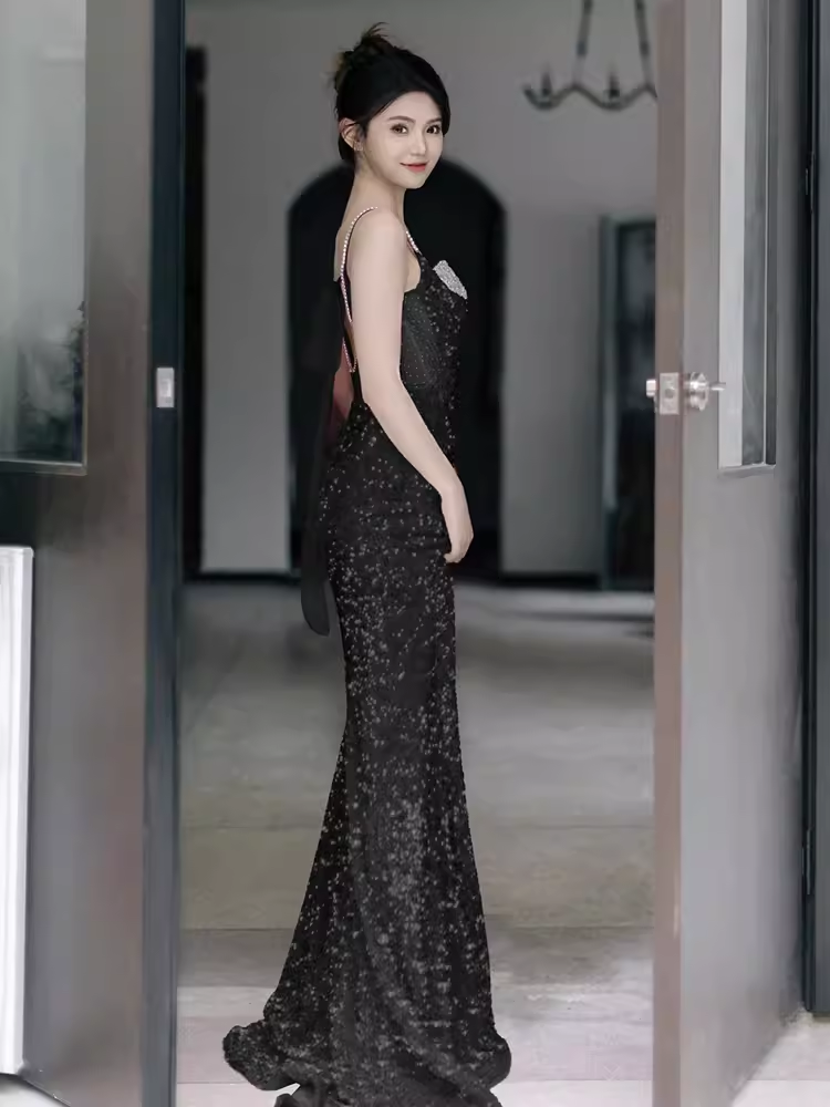 Sexy Mermaid Straps Sequin Black Prom Dresses C50