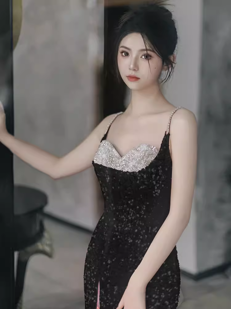 Sexy Mermaid Straps Sequin Black Prom Dresses C50