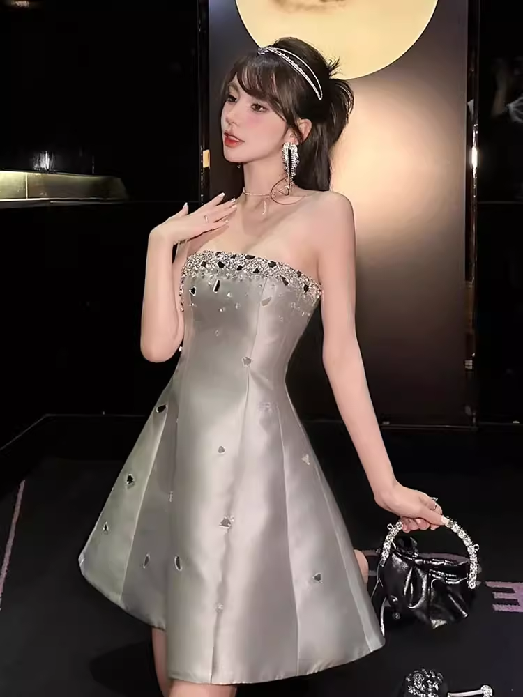 Vintage A line Strapless Gray Satin Homecoming Dress 19th Birthday Outfits
