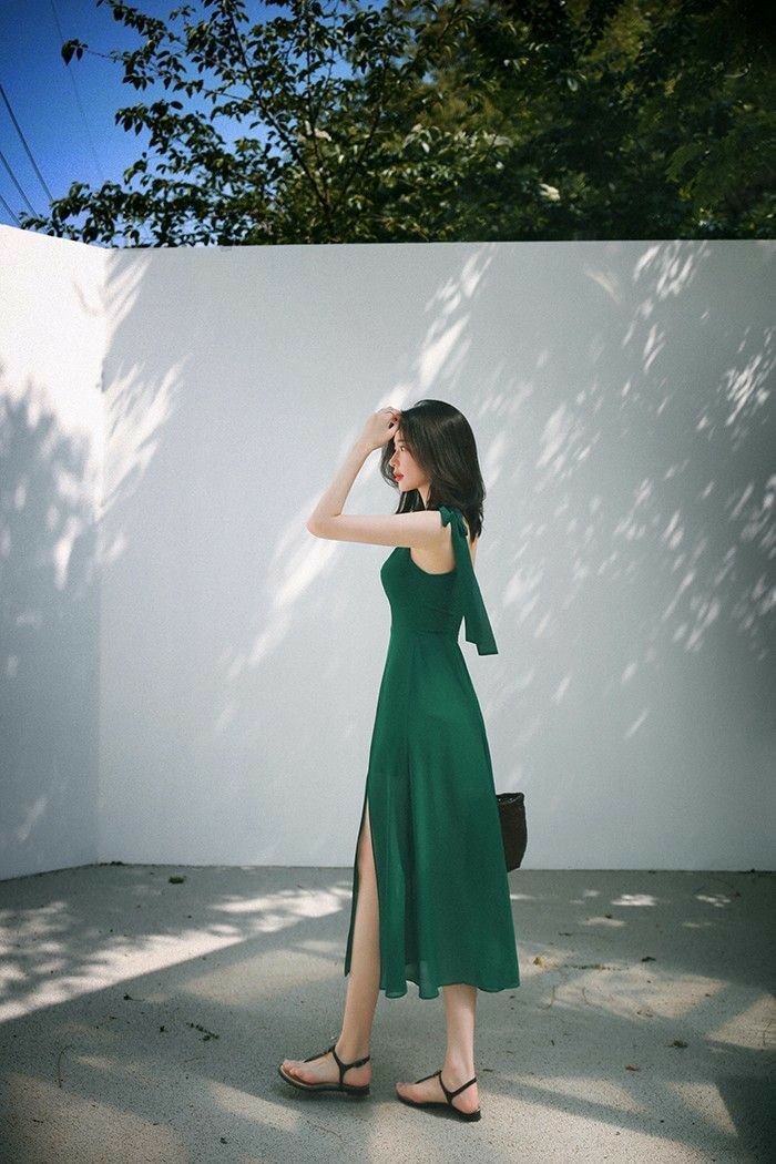 Square A Line Green Satin Slit Long Prom Dresses Formal Dress
