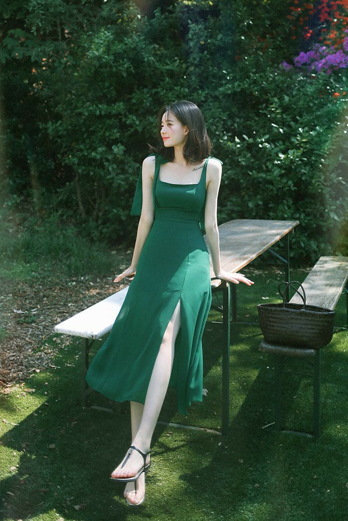 Square A Line Green Satin Slit Long Prom Dresses Formal Dress