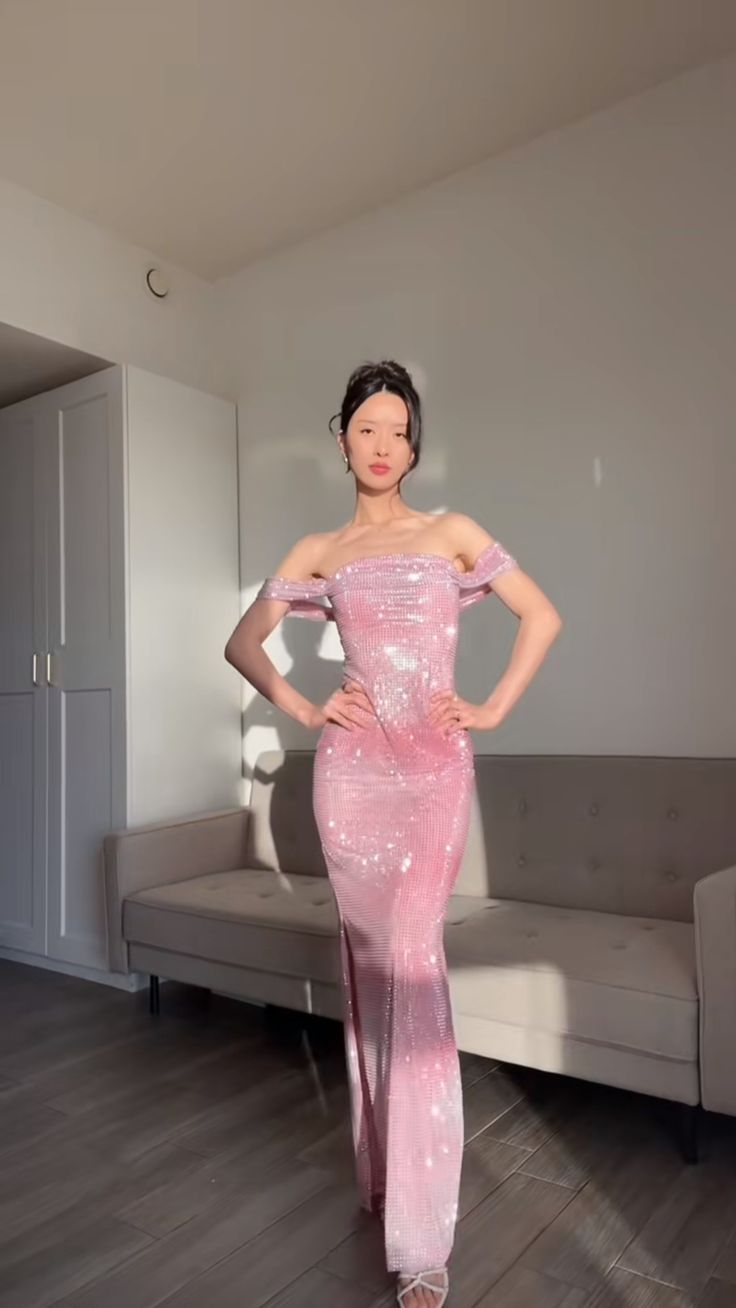 Shiny Mermaid Off The Shoulder Pink Satin Sequin Long Prom Dresses Formal Dress
