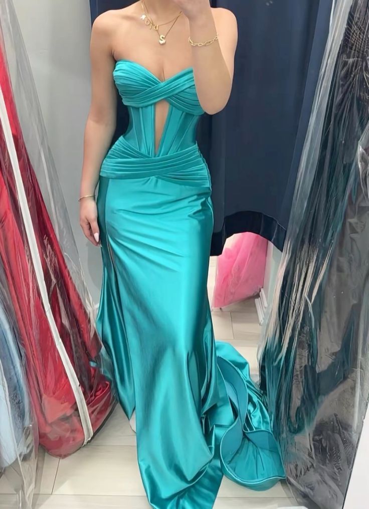 Sexy Mermaid Sweetheart Satin Pleated Long Prom Dresses Formal Dress