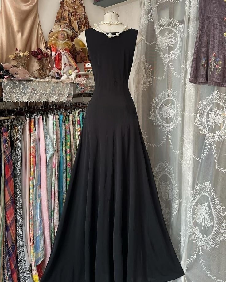 Modest A Line V Neck Black Satin Long Prom Dresses Formal Dress