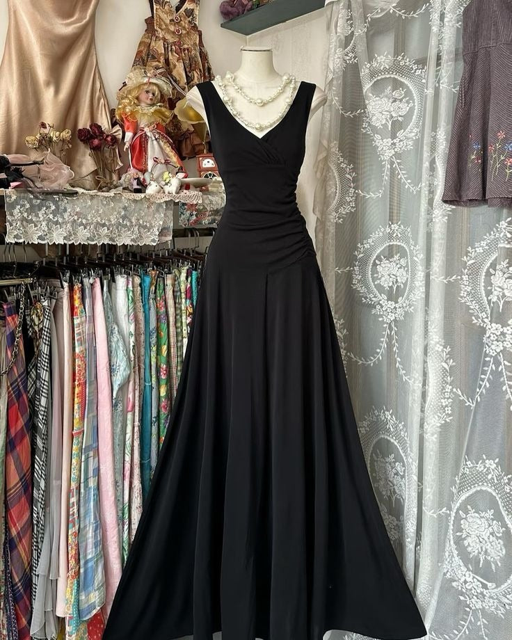 Modest A Line V Neck Black Satin Long Prom Dresses Formal Dress
