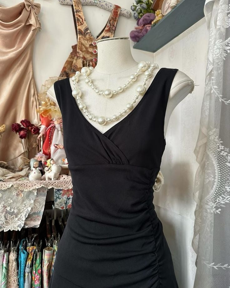 Modest A Line V Neck Black Satin Long Prom Dresses Formal Dress