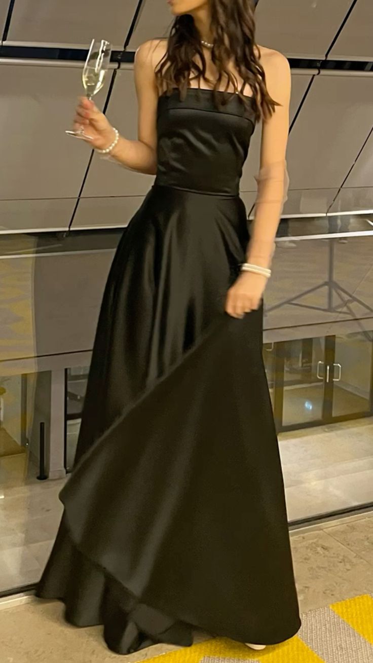 Elegant A Line Strapless Black Satin Long Prom Dresses Formal Dress