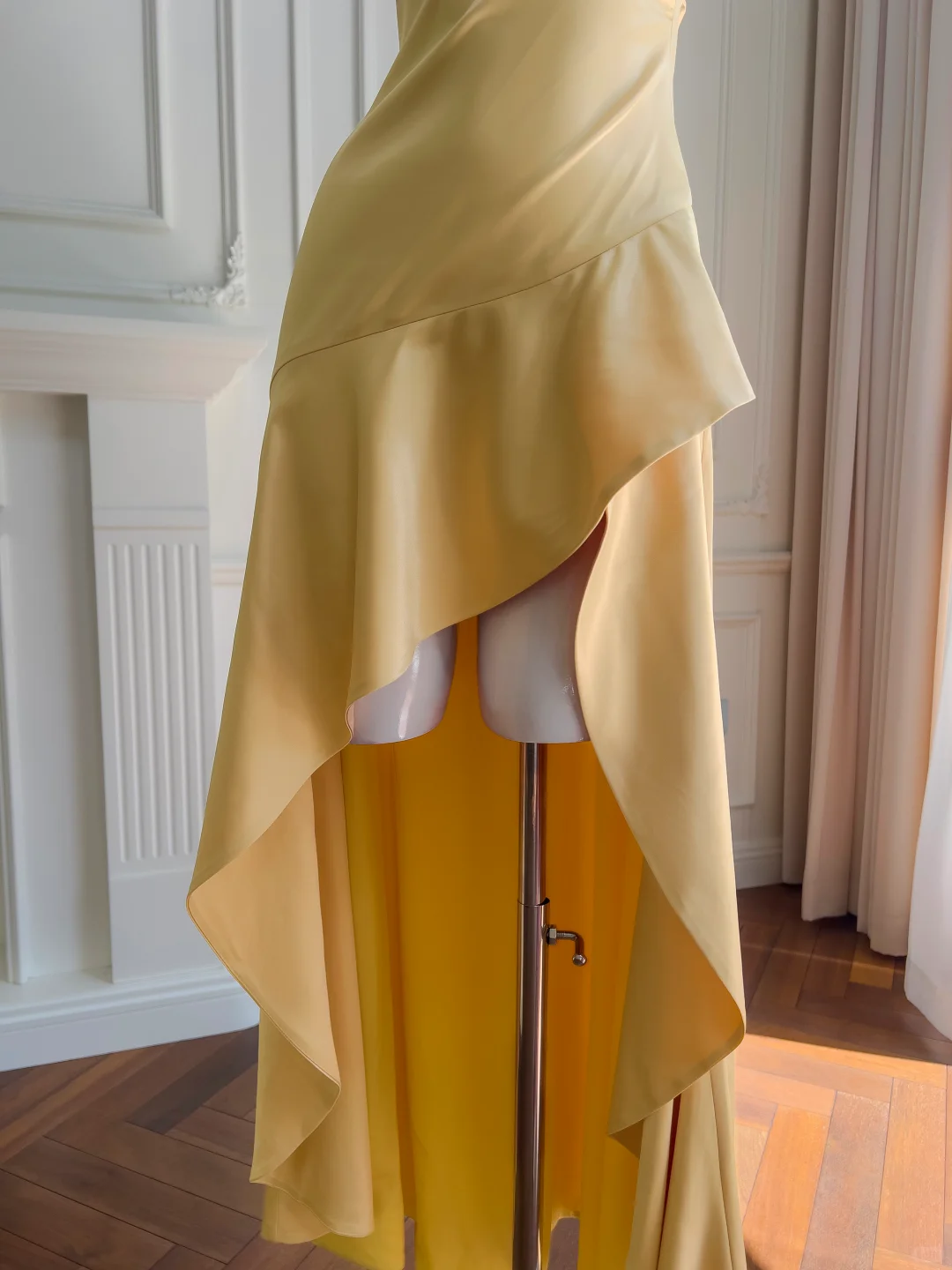 Pretty A Line Halter Yellow Satin High-Low Ruffle Hem Prom Dresses Formal Dress