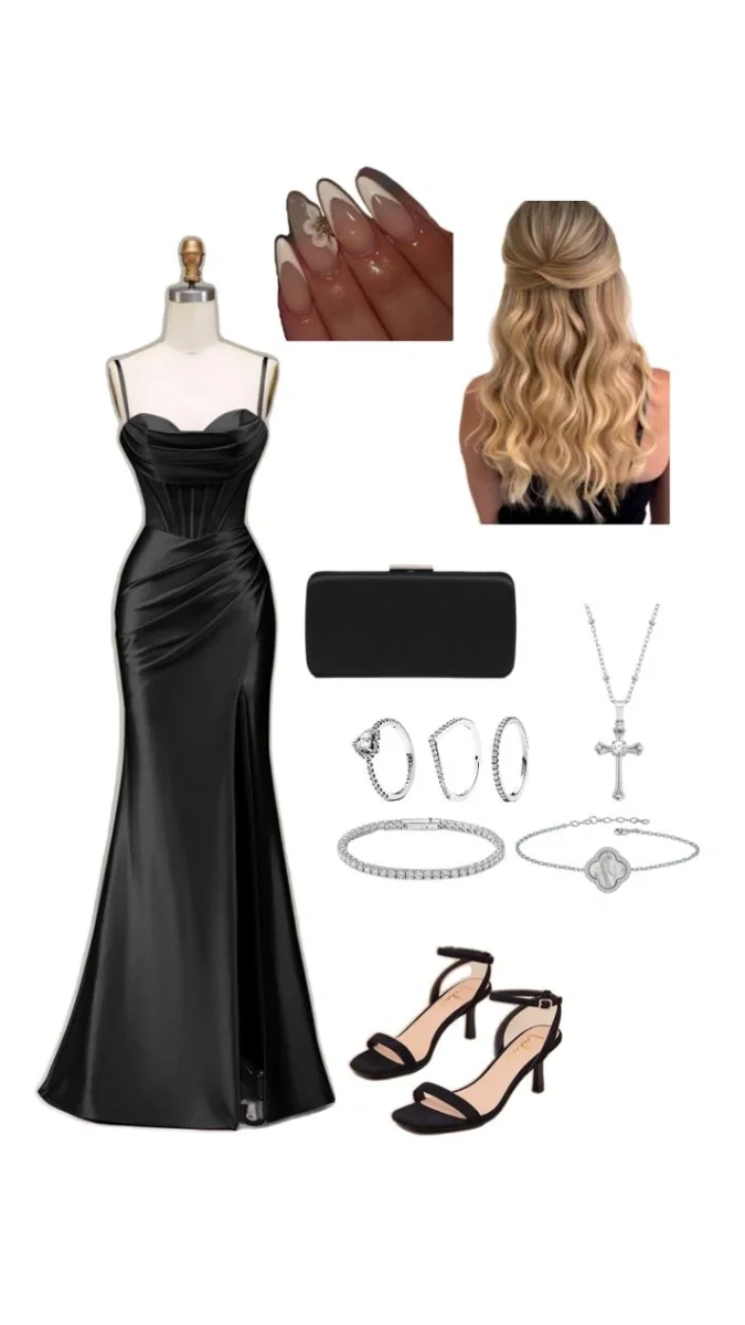 Modest Mermaid Black Spaghetti Straps Pleated Satin Slit Long Prom Dresses Formal Dress