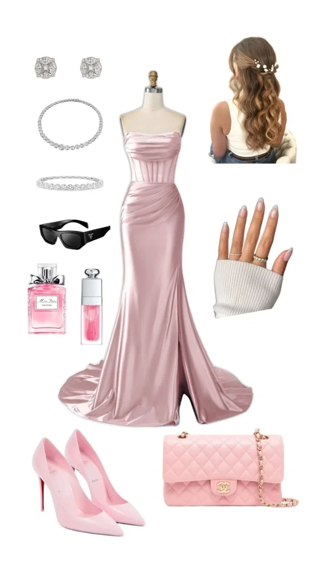 Simple Mermaid Pink Strapless Pleated Satin Slit Long Prom Dresses Formal Dress