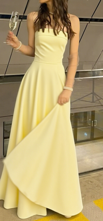 Pretty A Line Strapless Pastel Yellow Satin Long Prom Dresses Formal Dress