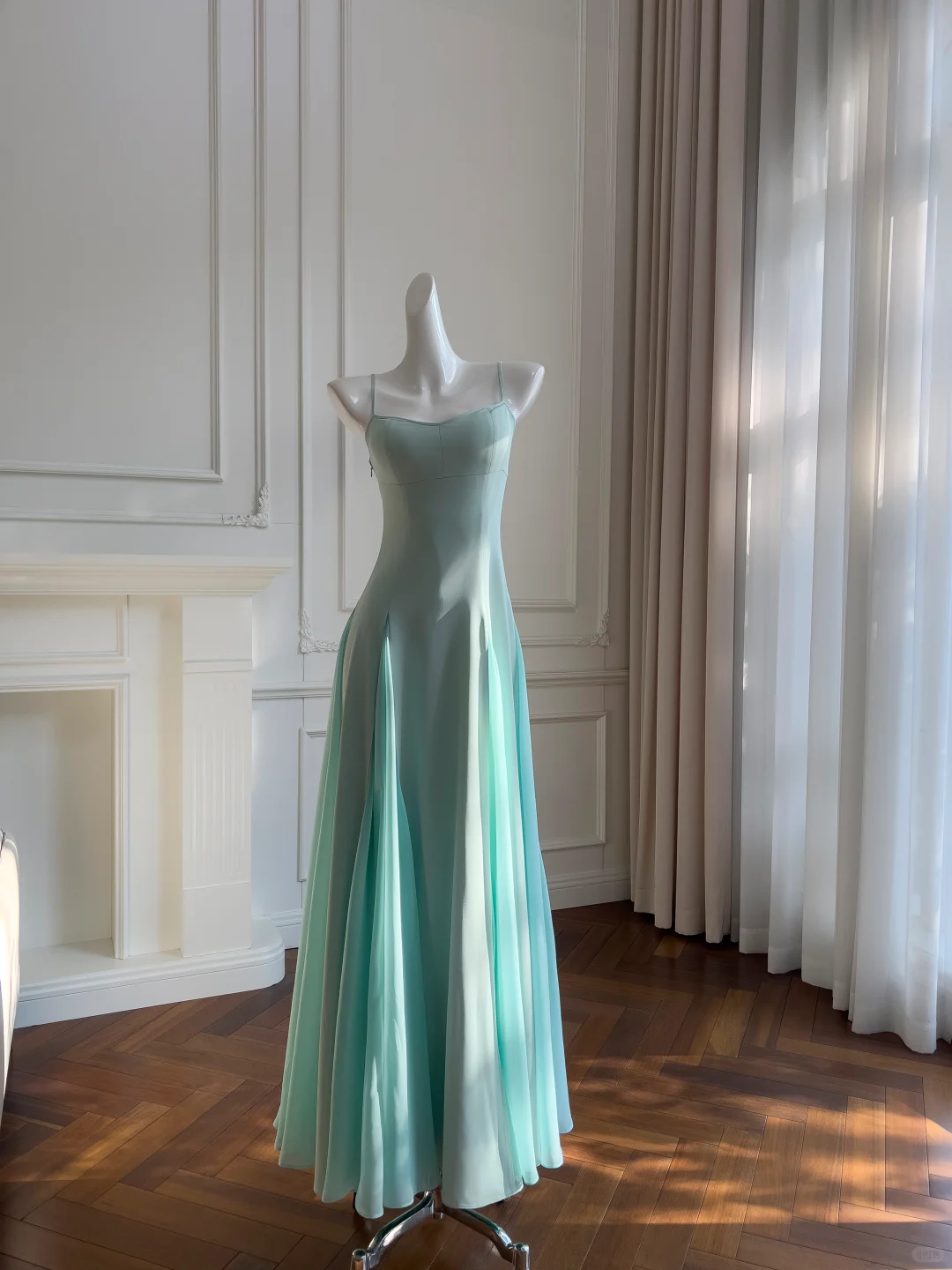 Elegant A Line Spaghetti Straps Satin Chiffon Long Prom Dresses Formal Dress