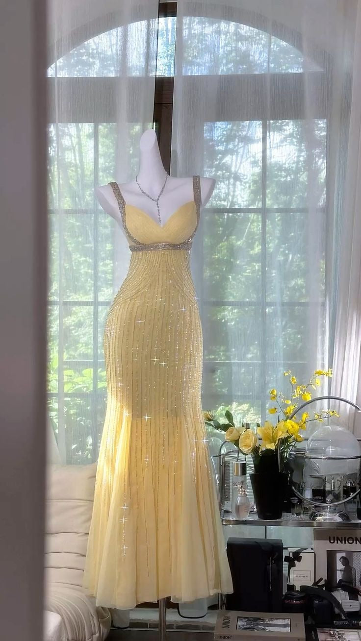 Shiny Mermaid Sweetheart Pastel Yellow Satin Sequin Long Prom Dresses Formal Dress
