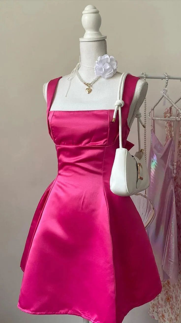 Chic Hot Pink A Line Square Satin Short Homecoming Dress 18th Birthday Outfits