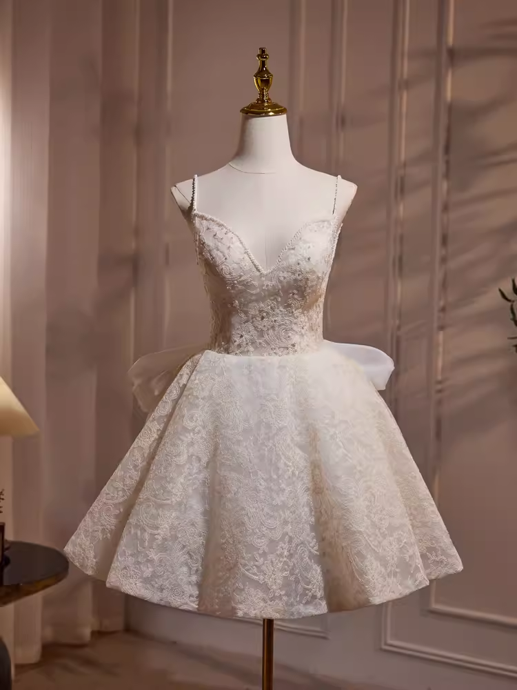 Simple A line Short Birthday Dress Lace White Homecoming Dresses With Bowknot
