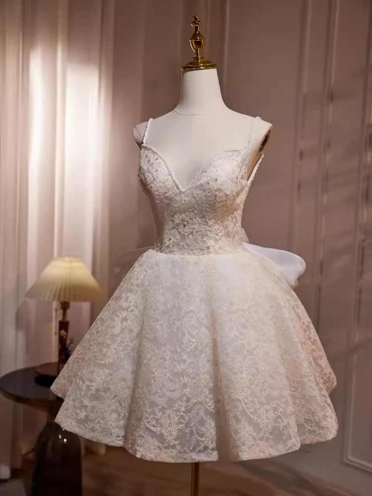 Simple A line Short Birthday Dress Lace White Homecoming Dresses With Bowknot