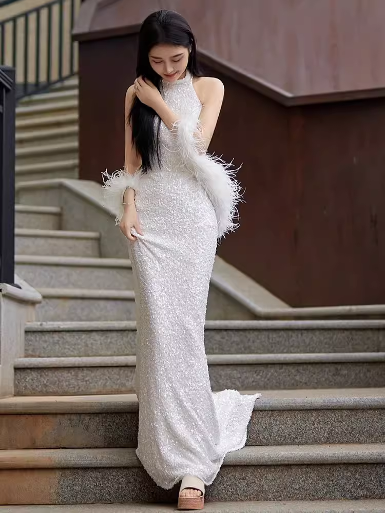 Sexy Mermaid Sequin White Prom Dresses C55