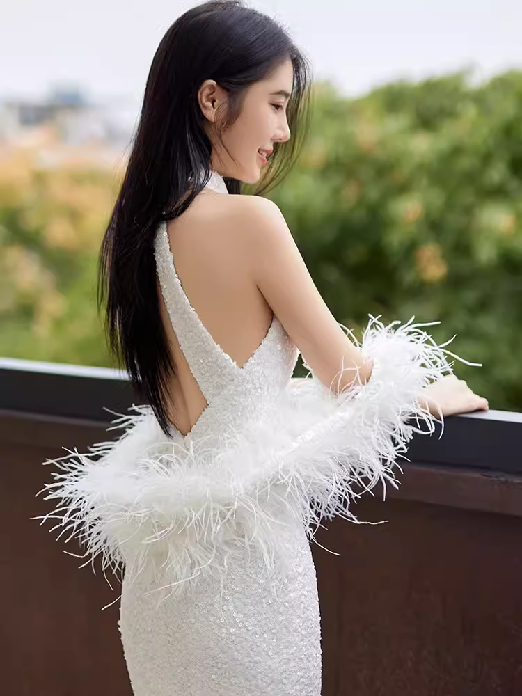 Sexy Mermaid Sequin White Prom Dresses C55
