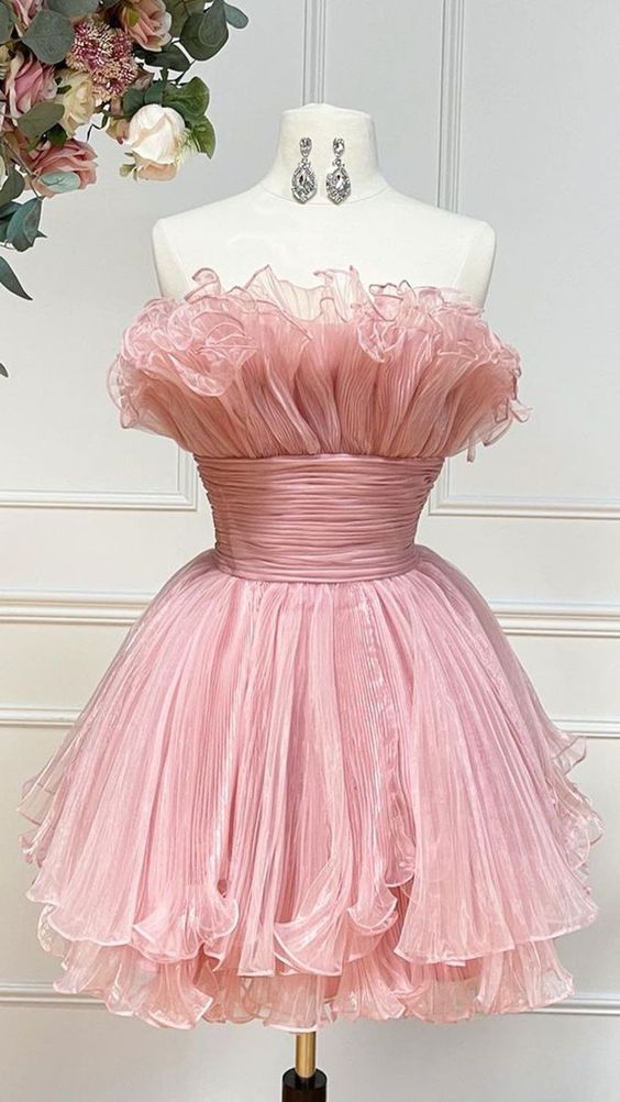 Cute Strapless Ball Gown Ruffles Pink Mini Homecoming Dress