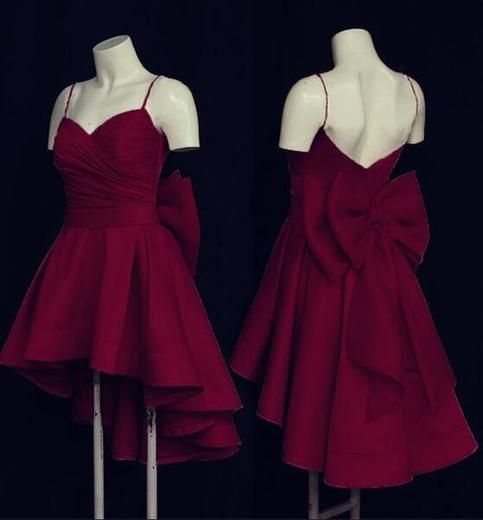 Cute High Low Short Burgundy Prom Dress With Bow Homecoming Dresses
