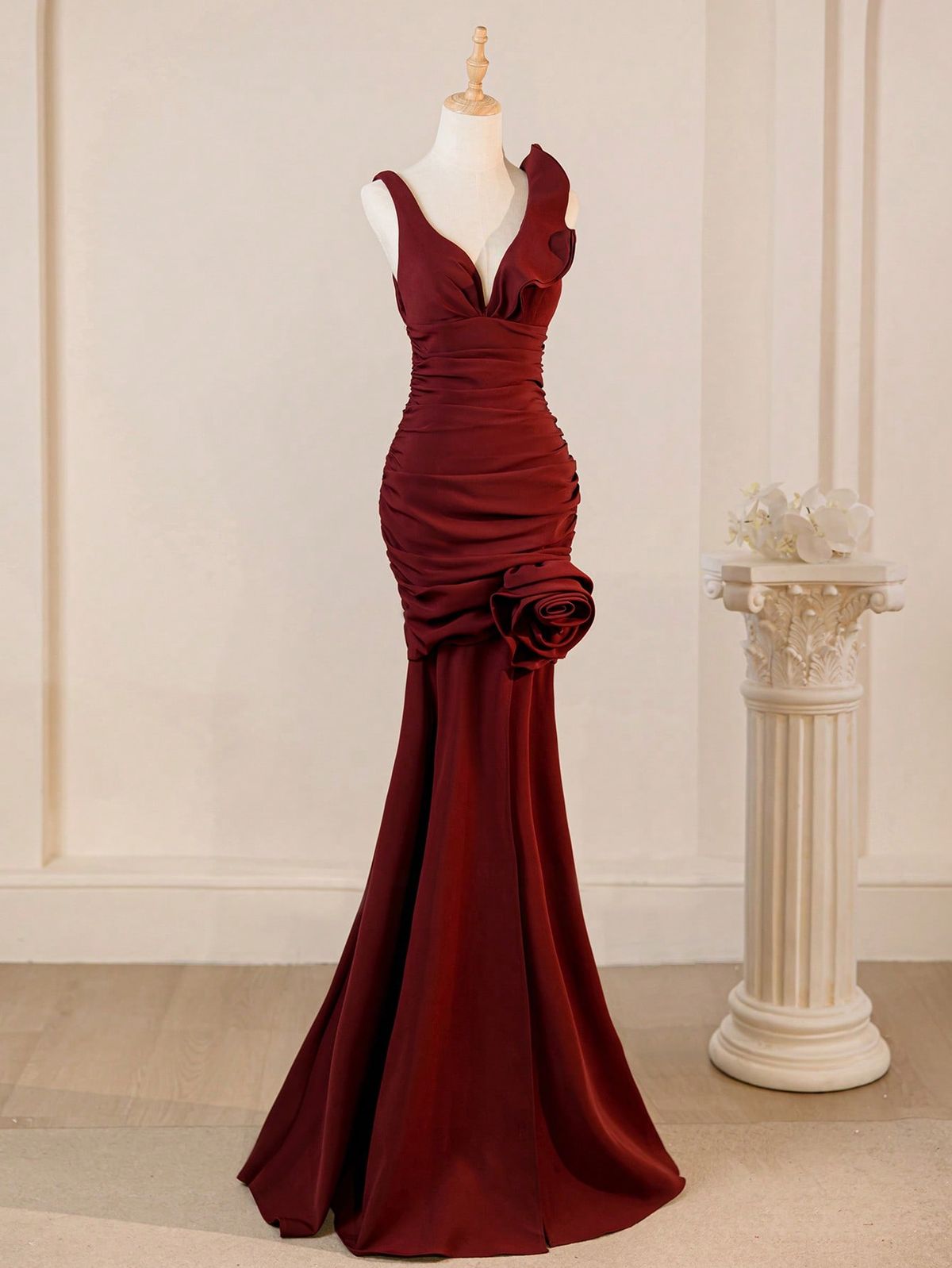 Sexy Mermaid V Neck Burgundy Satin Flower Long Prom Dresses Formal Dress
