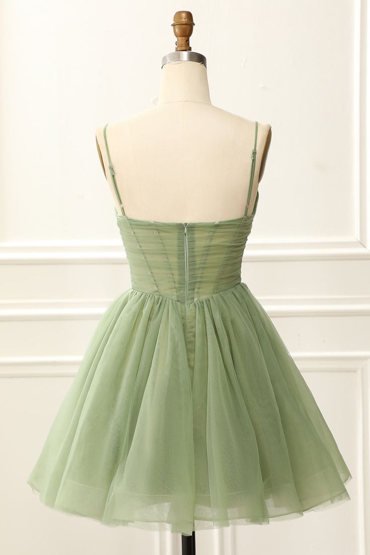 Chic Straps Pleated A-line Sage Green Homecoming Dress