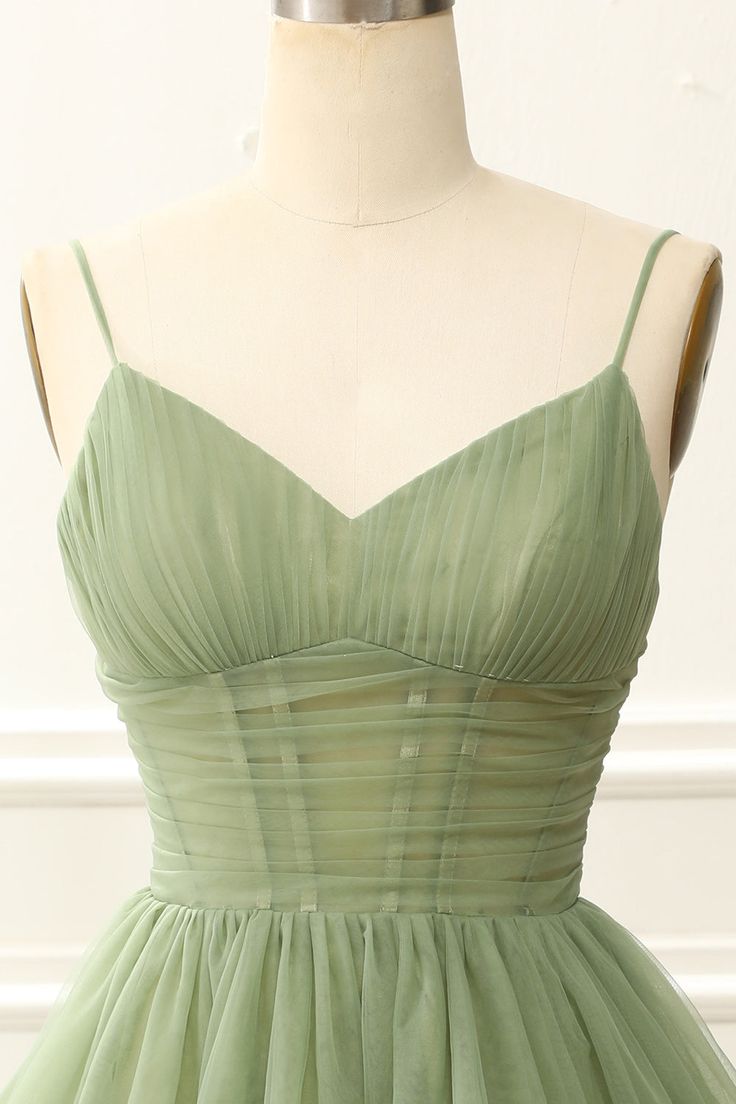 Chic Straps Pleated A-line Sage Green Homecoming Dress