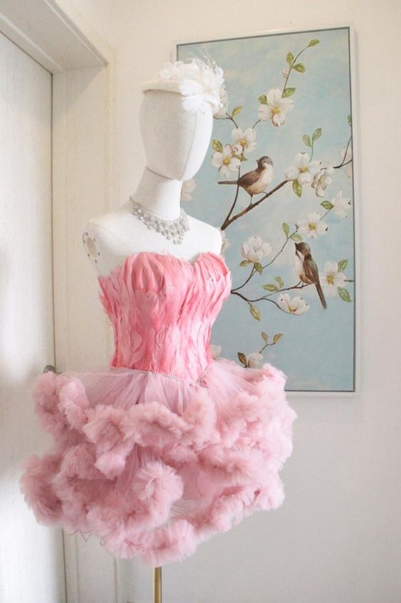 Short Pink Feather Sweetheart Puffy Tulle Cocktail Party Dress Birthday Dress Homecoming Dresses